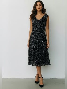 MSK Black and White Polka Dot Fit-and-Flare Dress
